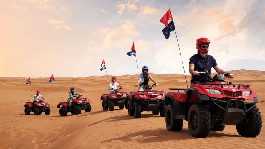 Dubai Desert Safari - Camel Ride, Sandboarding & 30 Min Quad - Pickup, the skyline fade, and that tire-deflating break