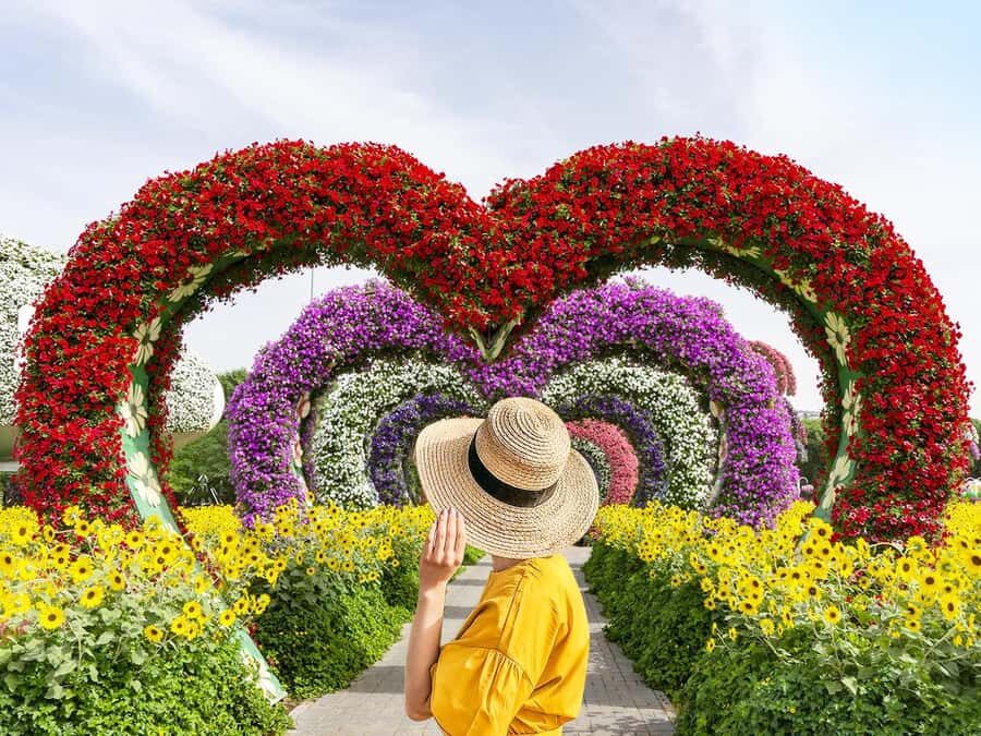 Dubai: Miracle Garden Entry Ticket with Hotel Transfer - Smurfs Village, floral clock, and the umbrella tunnel